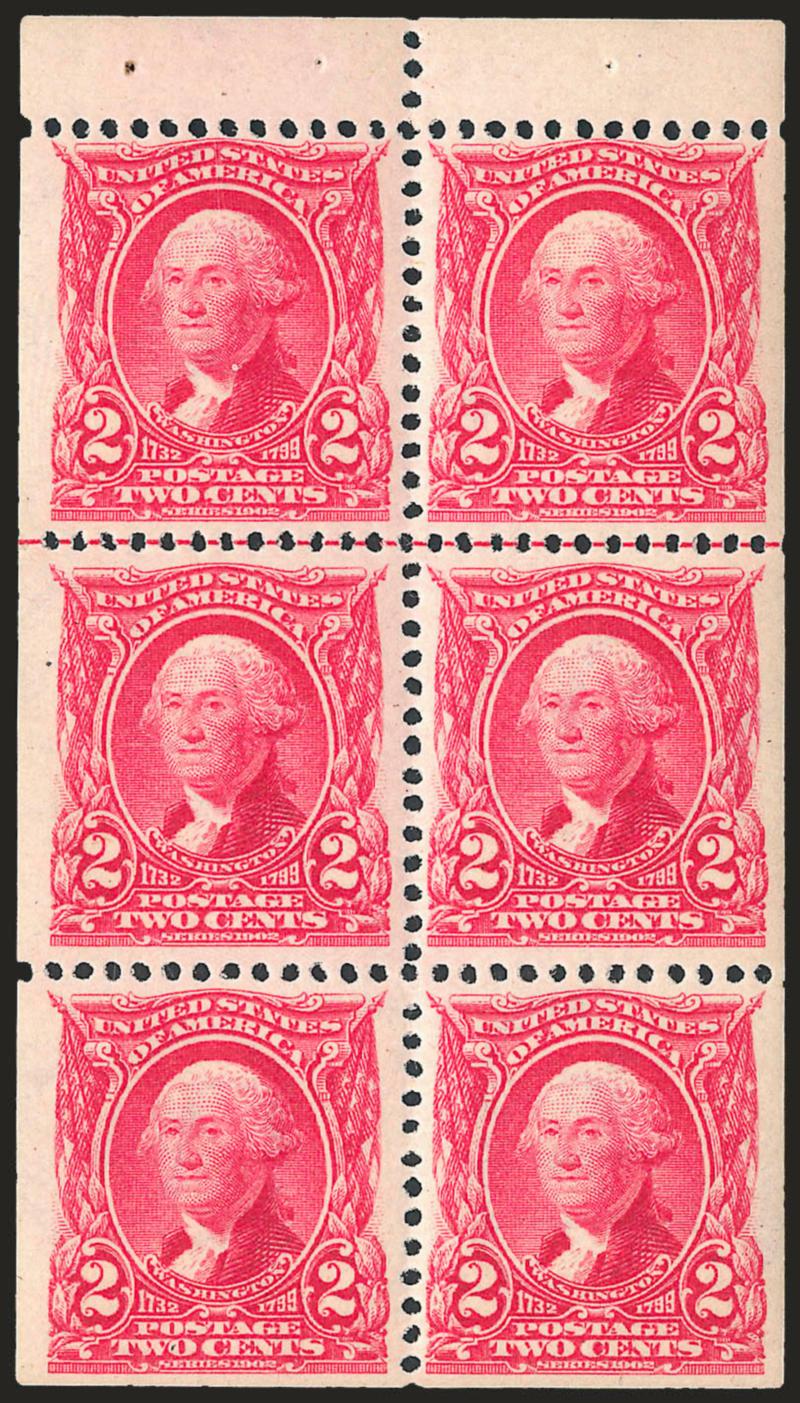 2c Carmine, Booklet Pane of Six (301c).> Position E with horizontal guideline, Mint N.H., brilliant color, gorgeous centering with well-balanced margins throughout, Extremely Fine, a stunning Mint N.H. pane,
with 2000 P.F. certificate