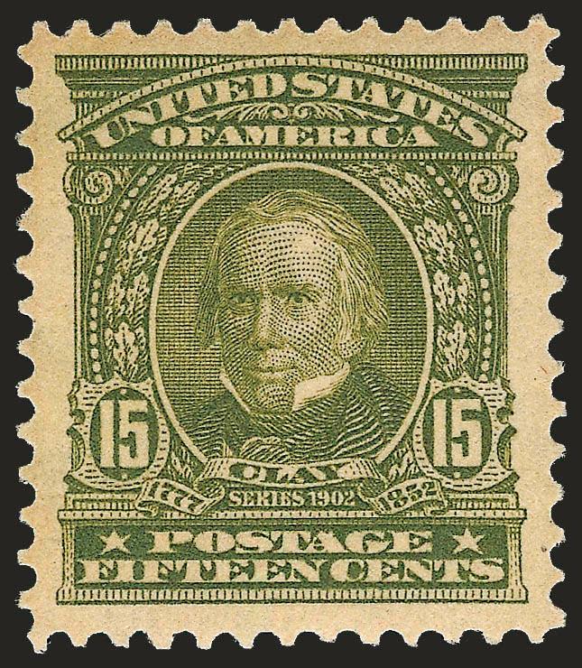 15c Olive Green (309).> Mint N.H., vivid color, proof-like impression, perfect centering and exceptionally wide margins seldom seen on this issue<><>^EXTREMELY FINE GEM. AN OUTSTANDING MINT NEVER-HINGED EXAMPLE
OF THE 15-CENT 1902 ISSUE WITH THE EX