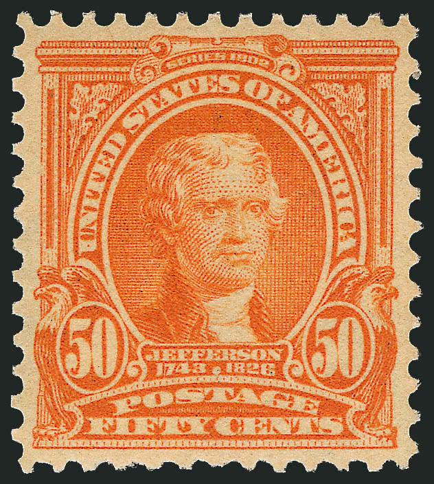 50c Orange (310).> Mint N.H., vibrant color which is as fresh as the day it was printed, gorgeous centering with well-balanced margins<><>^EXTREMELY FINE. A BEAUTIFUL MINT NEVER-HINGED EXAMPLE OF THE 50-CENT
1902 ISSUE. SCARCE WITH SUCH WONDERFUL C