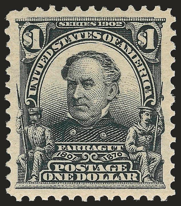 $1.00 Black (311).> Barest trace of what may be hinging, new P.S.E. certificate states previously hinged but two earlier P.F. certificates state Mint N.H. -- we lean toward the P.F. -- intense shade and
impression, perfectly centered with wide and ba