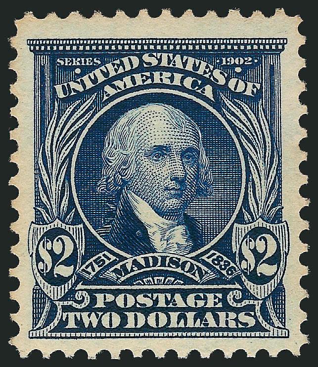 $2.00 Dark Blue (312).> Mint N.H., detailed impression on bright paper, unusually wide margins<><>^VERY FINE AND CHOICE. AN ATTRACTIVE MINT NEVER-HINGED EXAMPLE OF THE $2.00 1902 ISSUE.^<><>With 1992 P.F.
certificate