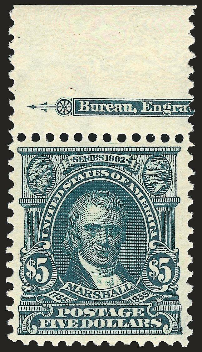 $5.00 Dark Green (313).> Mint N.H. with <part imprint at top,> deep rich color and proof-like impression, beautiful centering with wide and balanced margins, lightly hinged in selvage only<><>^EXTREMELY FINE
GEM. A SUPERB MINT NEVER-HINGED EXAMPLE
