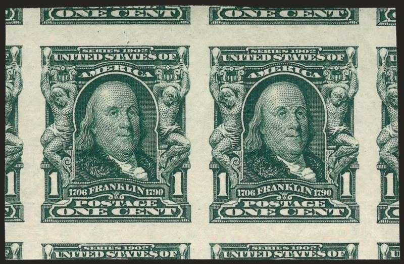 1c Blue Green, Imperforate (314).> Mint N.H. pair, massive margins incl. part of ten adjoining stamps, brilliant color, detailed impressions, Extremely Fine Gem, a gorgeous pair, with 2004 P.F. and 2005 P.S.E.
certificates