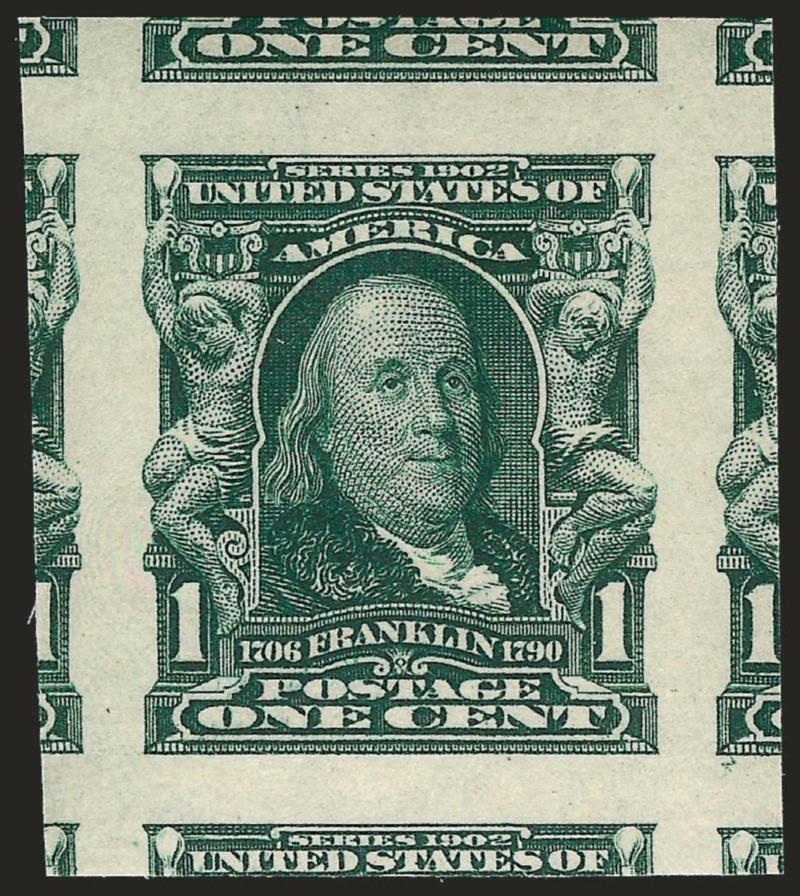 1c Blue Green, Imperforate (314).> Mint N.H., enormous margins showing significant portion of all eight adjoining stamps, brilliant color, Extremely Fine Gem, this would surely grade 100J