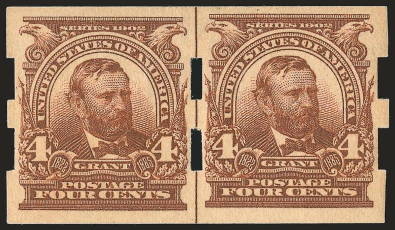 4c Brown, Imperforate, Schermack Ty. III Private Perforation (314A).> Guide line pair, lightly hinged, perfect centering with wide margins and full Schermack perfs which clear the designs of both stamps, deep
rich color and proof-like impression<><