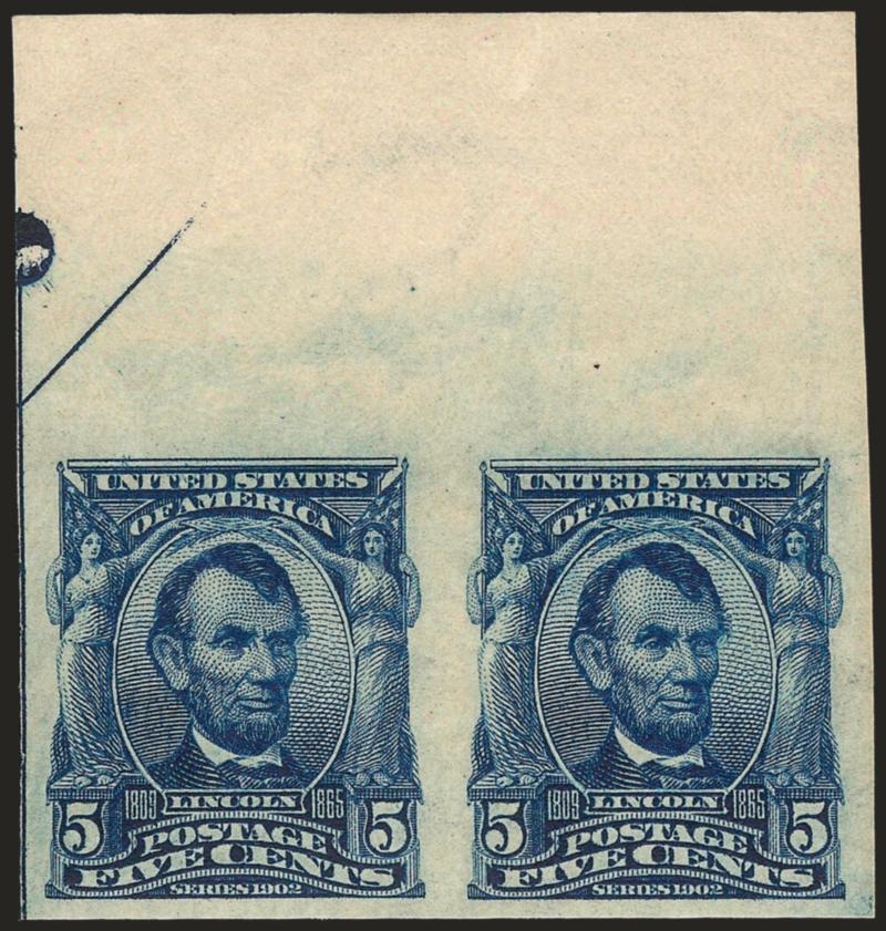 5c Blue, Imperforate (315).> Mint N.H. pair, huge margins incl. <top sheet margin with part arrow,> intense shade and impression, fresh and Extremely Fine, with 1999 P.F. certificate