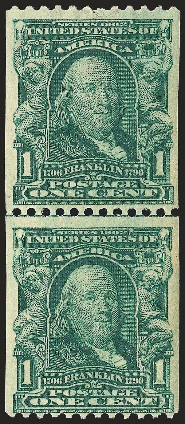 1c Blue Green, Coil (316).> Guide line pair, top stamp h.r., bottom stamp lightly hinged, intense shade and impression, top stamp tiny surface scuff in margin at top center<><>^VERY FINE APPEARANCE. THIS IS ONE
OF ONLY TWO INTACT GUIDE LINE PAIRS O