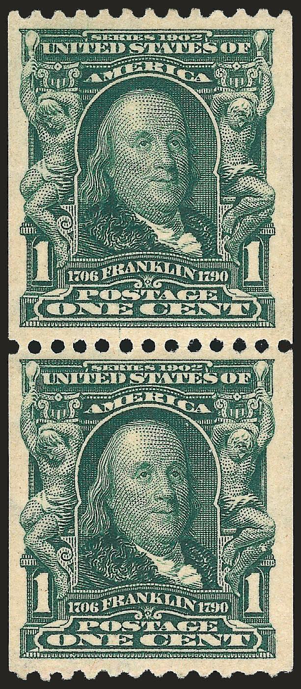 1c Blue Green, Coil (316).> Pair, lightly hinged, deep rich color and proof-like impression, choice centering with well-balanced margins<><>^VERY FINE AND CHOICE PAIR OF THE RARE ONE-CENT VERTICAL COIL, SCOTT
316. OUR CENSUS RECORDS ONLY TWELVE PAI