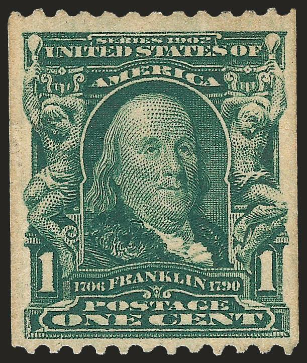 1c Blue Green, Coil (316).> Barest trace of hinging, deep rich colors, proof-like impression, choice centering on post-office fresh paper<><>^VERY FINE AND CHOICE. THIS IS THE UNIQUE SINGLE OF THE 1908 ONE-CENT
VERTICAL COIL, SCOTT 316. ONLY TWELVE