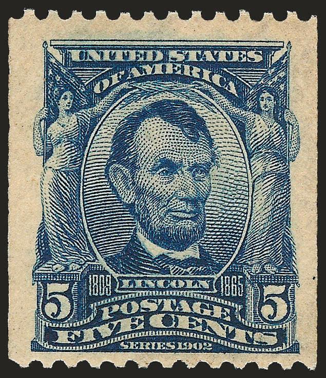 5c Blue, Coil (317).> Mint N.H., intense shade and impression on crisp paper, unusually wide and balanced margins<><>^EXTREMELY FINE. A RARE MINT NEVER-HINGED EXAMPLE OF THE 1908 5-CENT VERTICAL COIL, SCOTT
317.^<><>The 5c 1908 Coil stamps, which