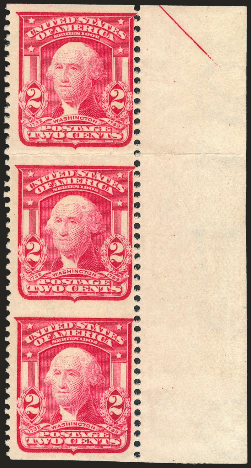 2c Carmine, Ty. I, Vertical Pair, Imperforate Horizontally (319d).> Vertical strip of three with part arrow selvage at right, <stamps Mint N.H.,> h.r. in selvage, brilliant color, wide margins at top and
bottom, horizontal crease between top two stam