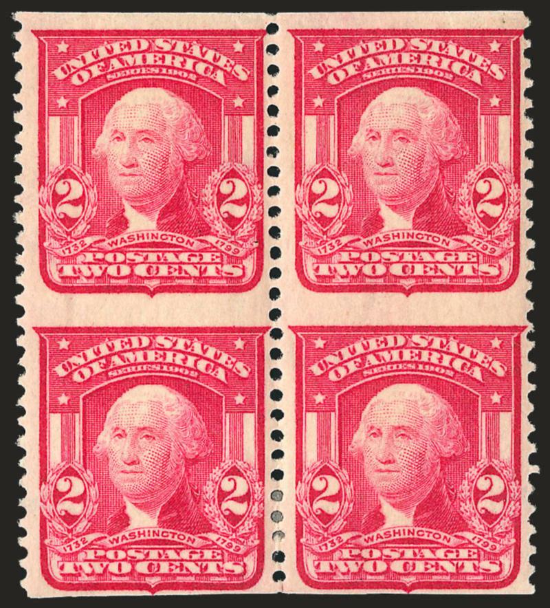 2c Carmine, Ty. I, Vertical Pair, Imperforate Horizontally (319d).> Block of four containing two pairs of the error, deep rich color<><>^VERY FINE AND CHOICE. ONE OF ONLY TWO RECORDED BLOCKS OF FOUR OF THE
2-CENT 1903 ISSUE IMPERFORATE HORIZONTALLY