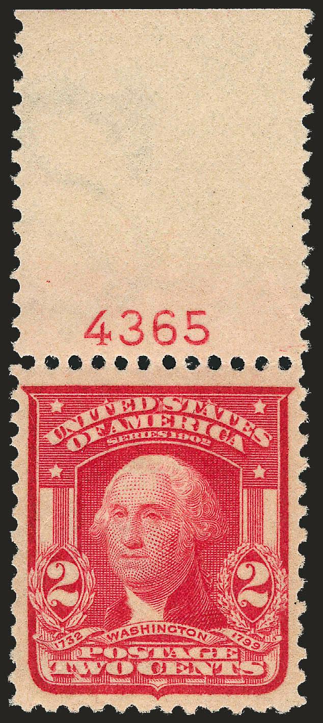 2c Carmine, Ty. II (319i).> Mint N.H. with <plate no. 4365 and wide selvage at top,> brilliant color, wide and balanced margins, Extremely Fine, a beautiful stamp, with 2001 P.F. certificate
