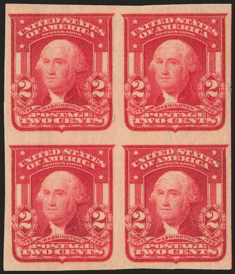2c Carmine, Ty. I, Imperforate (320).> Mint N.H. block of four, intense color which to us looks somewhat like the Scarlet shade, Extremely Fine, with 2000 P.F. certificate