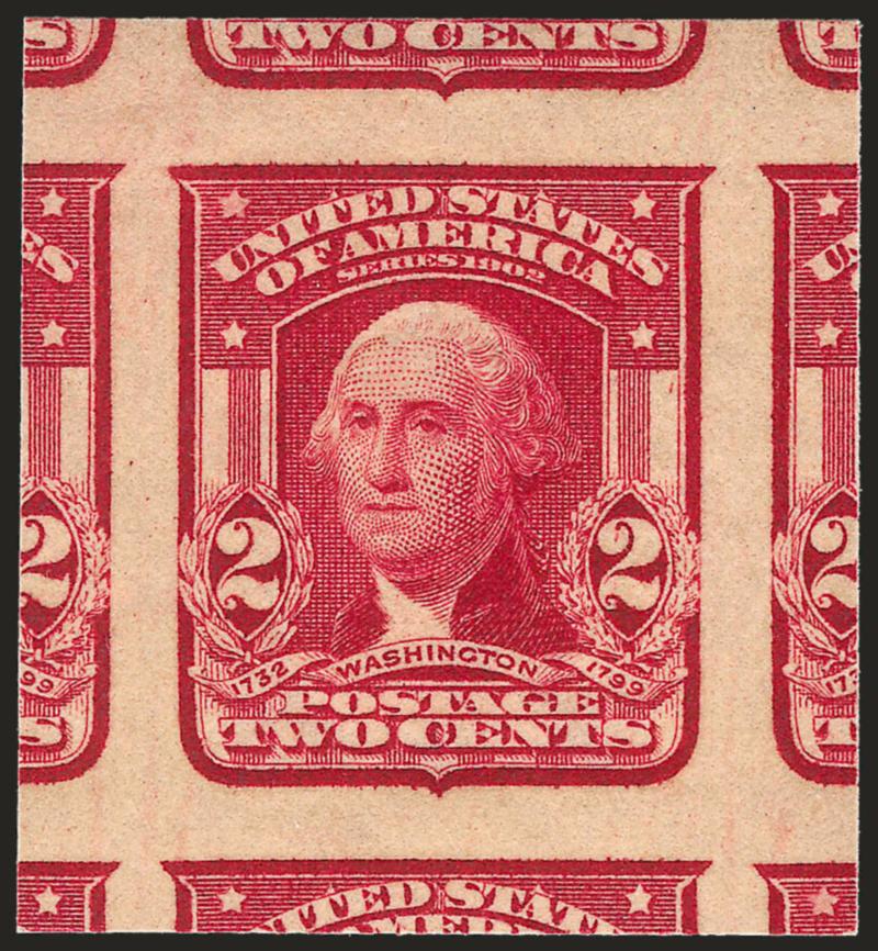 2c Lake, Ty. II, Imperforate (320a).> Mint N.H., massive margins all around and showing significant part of all eight adjoining stamps, deep rich color and proof-like impression, Extremely Fine Gem, a
magnificent stamp in every respect, with 2006 P.S