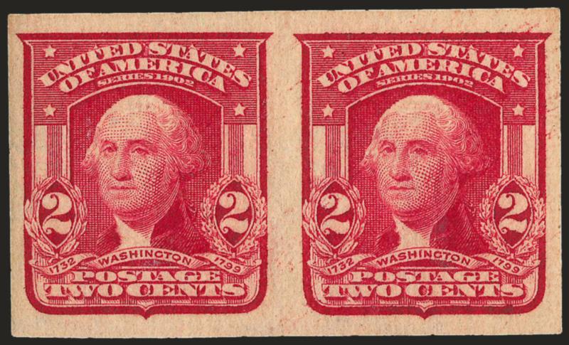 2c Lake, Ty. II, Imperforate (320a).> Mint N.H. pair, huge margins all around, deep rich color, fresh and Extremely Fine, with 1997 P.F. certificate
