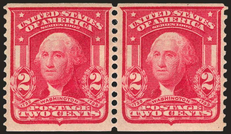 2c Carmine, Coil (322).> Pair, h.r., intense shade and impression, bright paper<><>^VERY FINE AND CHOICE PAIR OF THE SCARCE 2-CENT 1908 HORIZONTAL COIL, SCOTT 322.^<><>Armstrong notes that only 167 examples had
been certified by the Philatelic Fo
