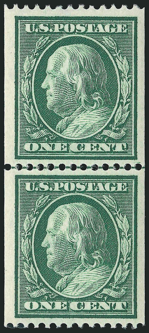 1c Green, Coil (348).> Mint N.H. guide line pair, deep color, beautifully centered with balanced Jumbo margins, Extremely Fine, with 1994 P.F. and 2008 P.S.E. certificates (XF 90 Jumbo SMQ $760.00 as 90,
$1,350.00 as 95), only five guide line pairs