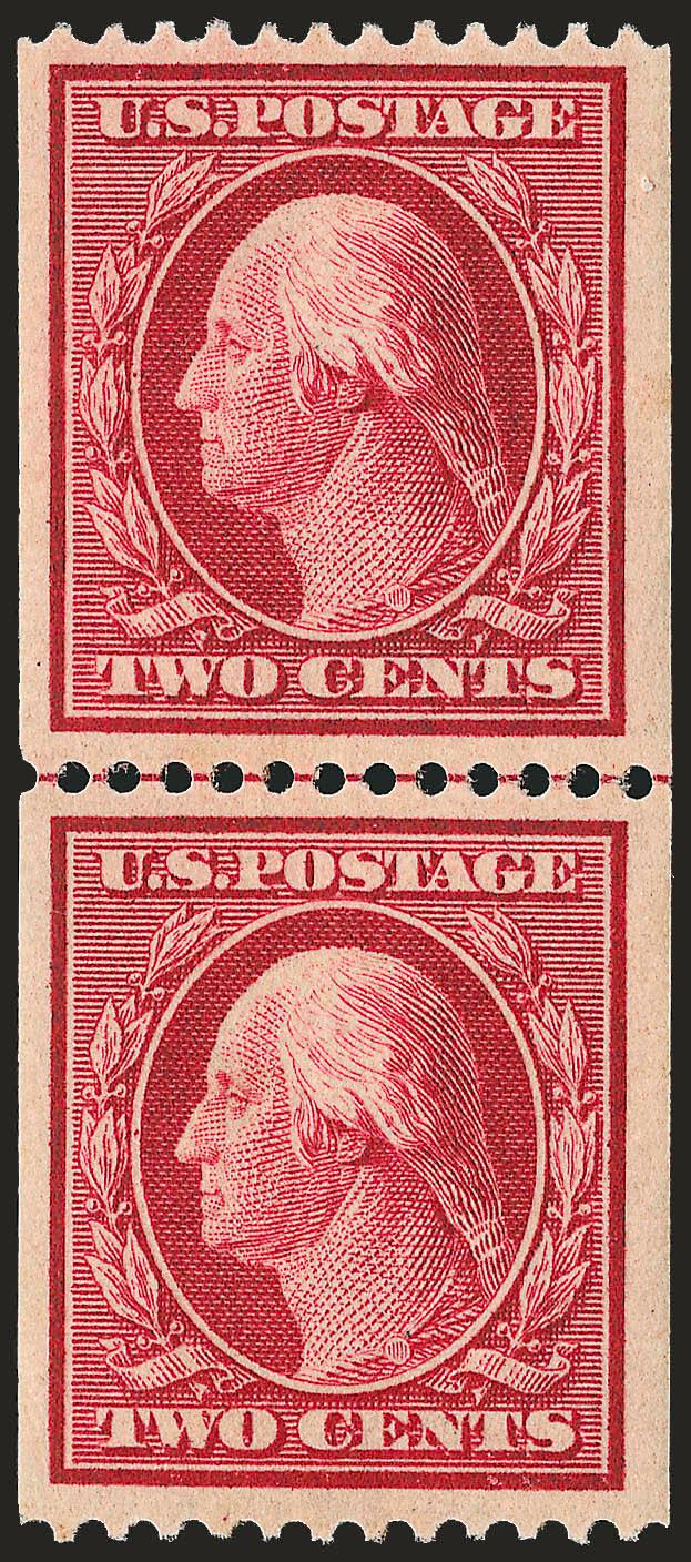 2c Carmine, Coil (349).> Mint N.H. guide line pair, deep rich color, unusually wide margins, Extremely Fine, with 2000 P.F. certificate
