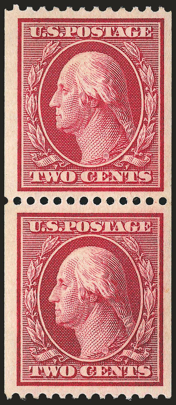 2c Carmine, Coil (349).> Mint N.H. pair, intense shade and impression, unusually wide margins, Very Fine and choice, with 1999 P.F. certificate