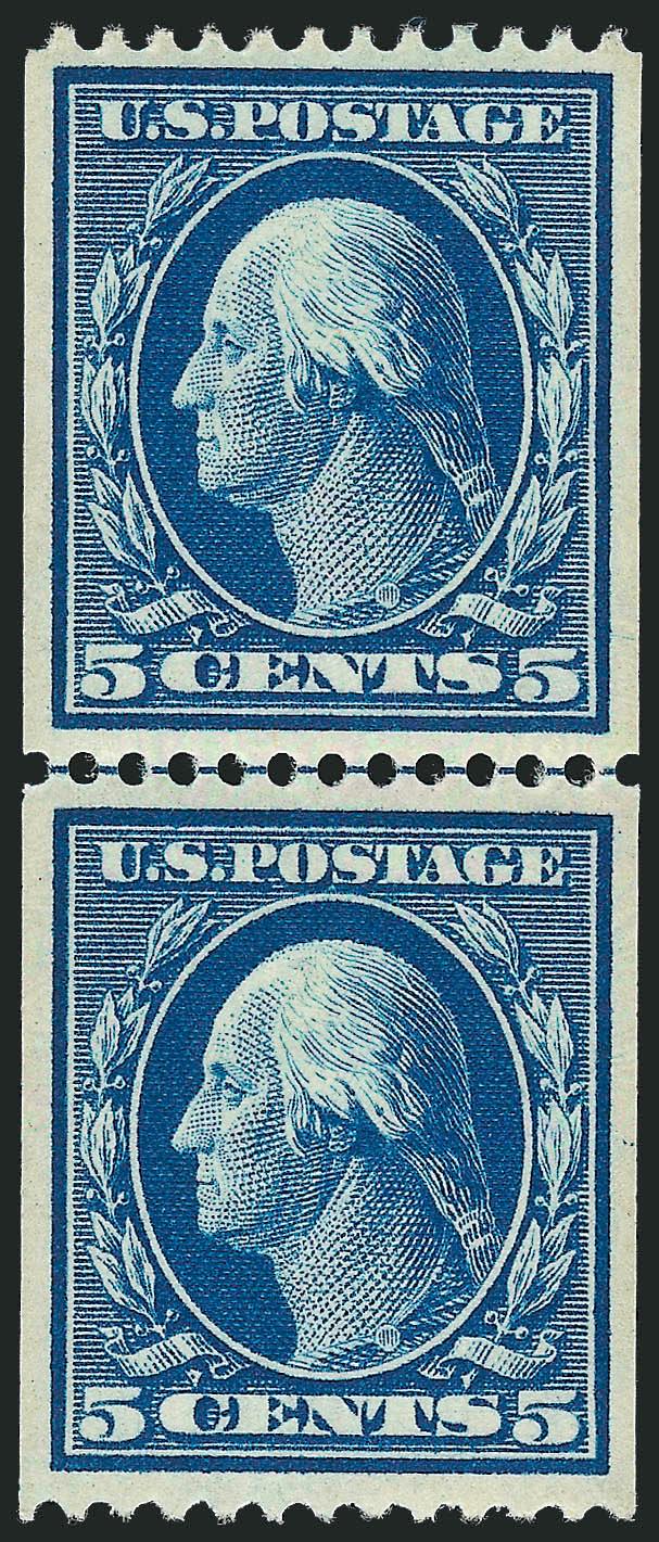5c Blue, Coil (351).> Mint N.H. guide line pair, brilliant color and proof-like impression, choice centering<><>^EXTREMELY FINE. A BEAUTIFUL MINT NEVER-HINGED GUIDE LINE PAIR OF THE 5-CENT PERF 12 VERTICAL
COIL, SCOTT 351.^<><>Interestingly, this