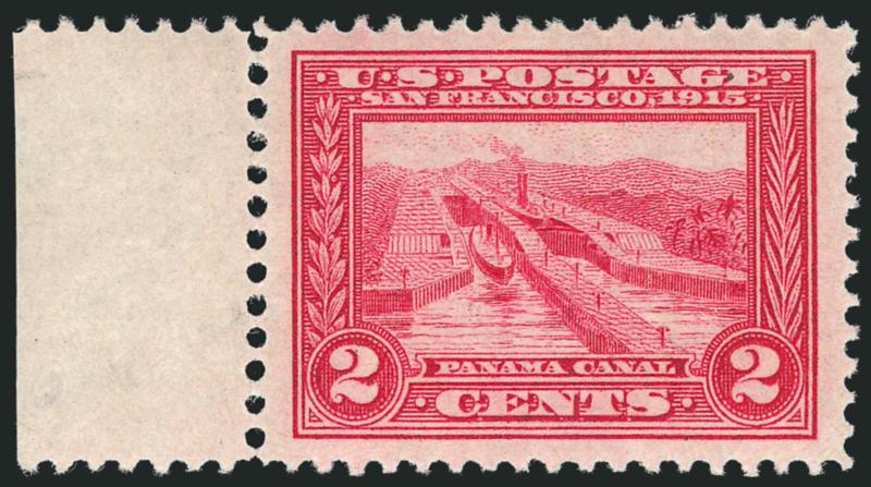 2c Panama-Pacific (398).> Mint N.H., with selvage at left, choice centering with Jumbo margins, tiny natural inclusion in E of Postage not mentioned on accompanying certificates, Extremely Fine, with 1996 P.F.
and 2008 P.S.E. certificates (XF-90 Ju