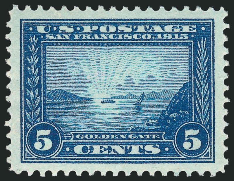 5c Panama-Pacific (399).> Mint N.H., deep color and proof-like impression, post-office fresh, perfectly centered with Jumbo margins<><>^EXTREMELY FINE GEM. A STUNNING MINT NEVER-HINGED EXAMPLE OF THE 5-CENT
PERF 12 PANAMA-PACIFIC ISSUE.^<><>With