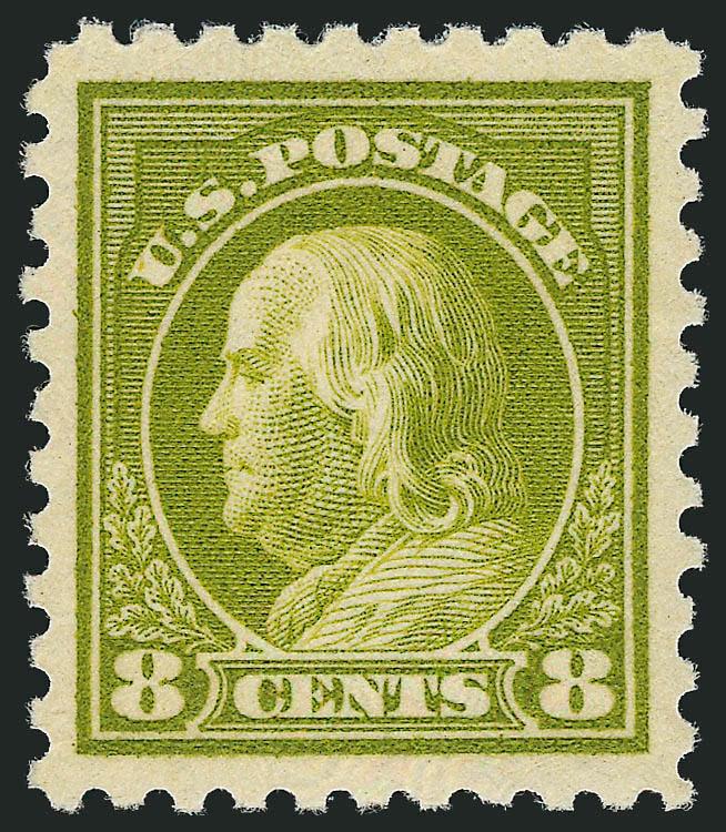 8c Olive Green (470).> Mint N.H., pretty pastel shade, post-office fresh, proof-like impression, perfect centering with Jumbo margins<><>^EXTREMELY FINE GEM. A SIMPLY SUPERB MINT NEVER-HINGED EXAMPLE OF THE
8-CENT PERF 10 UNWATERMAKED ISSUE, WHICH