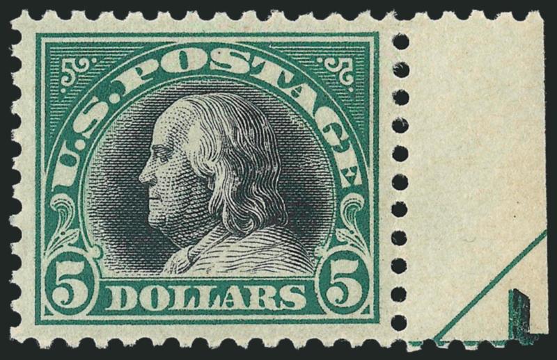 $5.00 Deep Green & Black (524).> Mint N.H. with selvage at right, wide balanced margins, much better than typically seen, deep color, Extremely Fine Gem, with 2000 P.F. and 2008 P.S.E. certificates (XF-Superb
95 SMQ $1,050.00)