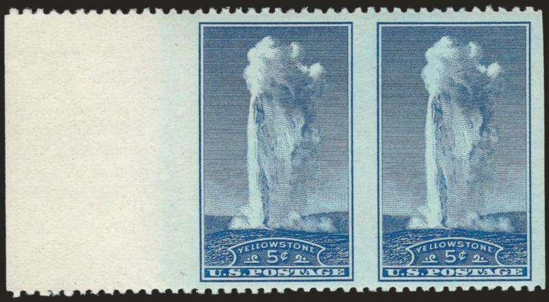 5c Yellowstone, Horizontal Pair, Imperforate Vertically (744a).> Mint N.H., enormous margins incl. wide sheet margin at left, lightly hinged in ungummed part of selvage, radiant color, Very Fine and choice, a
dramatic example of this scarce error, wi