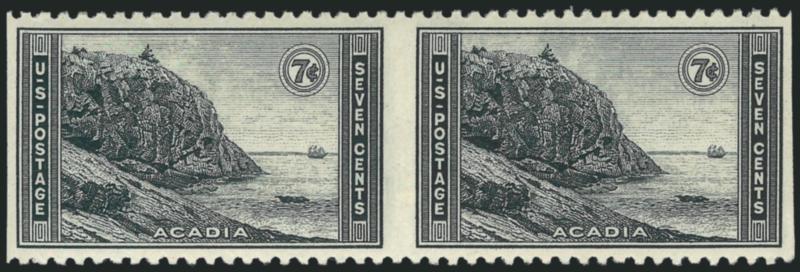 7c Acadia Park, Horizontal Pair, Imperforate Vertically (746a).> Mint N.H., choice centering, intense shade and impression, fresh and Extremely Fine, very scarce, we have offered only one since 1993 (in 2000),
undercatalogued in Scott, with 1975 and