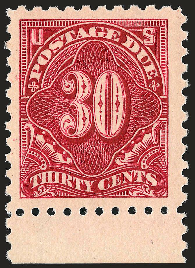 30c Carmine Lake (J57).> Mint N.H., wide margins with selvage at bottom, beautifully centered, wonderful deep rich color, Very Fine and choice, with 1993 P.F. certificate