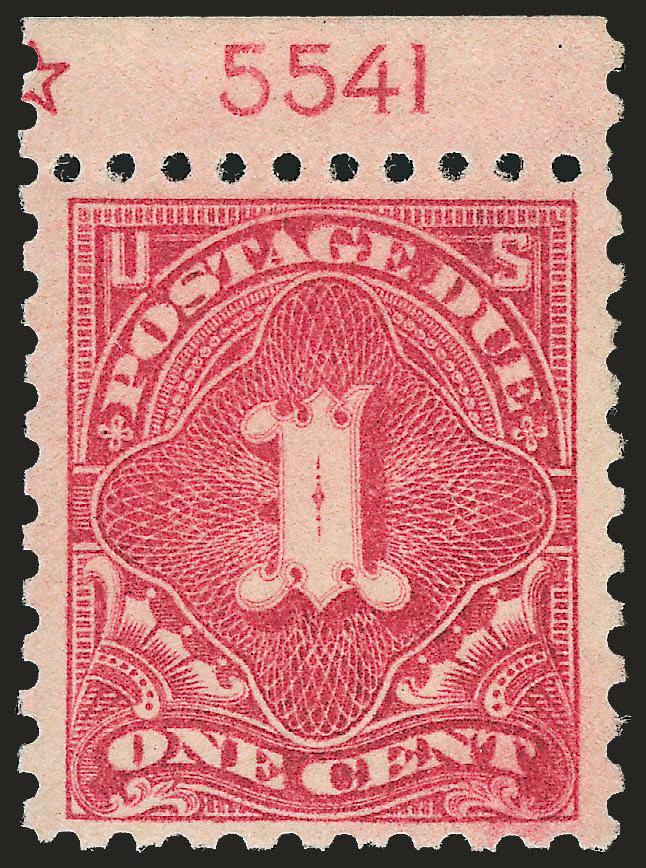 1c Rose (J59).> Mint N.H., sheet margin with <plate no. 5541> selvage at top, enormous margins at sides, post office fresh<><>^EXTREMELY FINE GEM. AN INCALCULABLY RARE MINT NEVER-HINGED EXAMPLE OF THE 1916
ONE-CENT PERF 10 UNWATERMARKED POSTAGE DUE