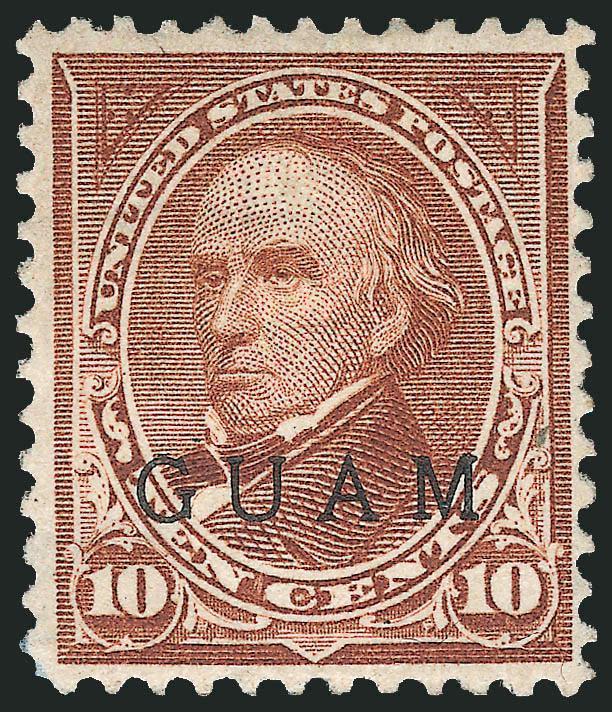 1899, 10c Brown, Ty. II (9).> Slightly redistributed original gum, bright color<><>^VERY FINE ORIGINAL-GUM EXAMPLE OF THE RARE 10-CENT TYPE II WITH GUAM OVERPRINT.^<><>The 10c Type II with Guam overprint exists
both as a regular issue and a Speci