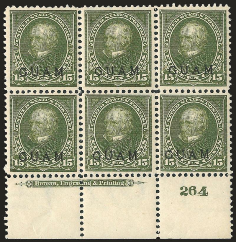 1899, 15c Olive Green (10).> Bottom imprint and plate no. 264 block of six, slight tropical original gum, exceptionally well-centered, couple really trivial selvage flaws at extreme bottom, mentioned only for
accuracy, still Extremely Fine, certainly