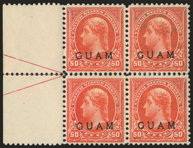 1899, 50c Orange (11).> Block of four with wide left arrow selvage, tropical original gum, rich color, some separation and expert rejoining, exceptional centering, Very Fine