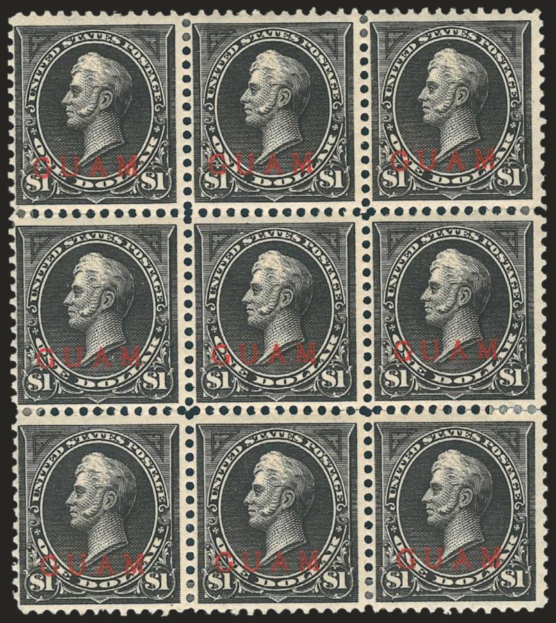1899, $1.00 Black, Ty. I (12).> Block of nine, large part tropicalized original gum, intense shade and impression, few sensibly reinforced perf separations<><>^VERY FINE. A SCARCE AND ATTRACTIVE MULTIPLE OF THE
1899 GUAM $1.00 TYPE I.^<><>With 19