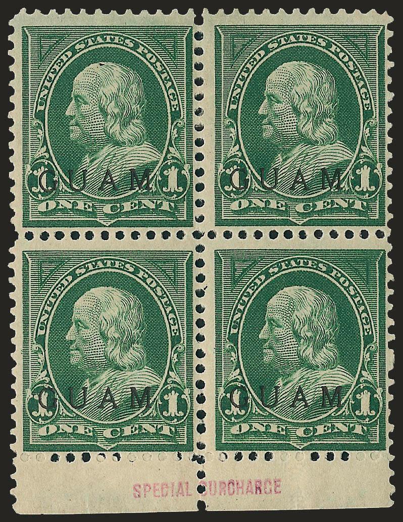 1900, 1c Green, Special Printing (1SP).> Block of four with selvage at bottom, original gum, top stamps h.r., each with red Special Surcharge backstamp and also in selvage on front, rich color, top right stamp
small thin spot<><>^FINE-VERY FINE A
