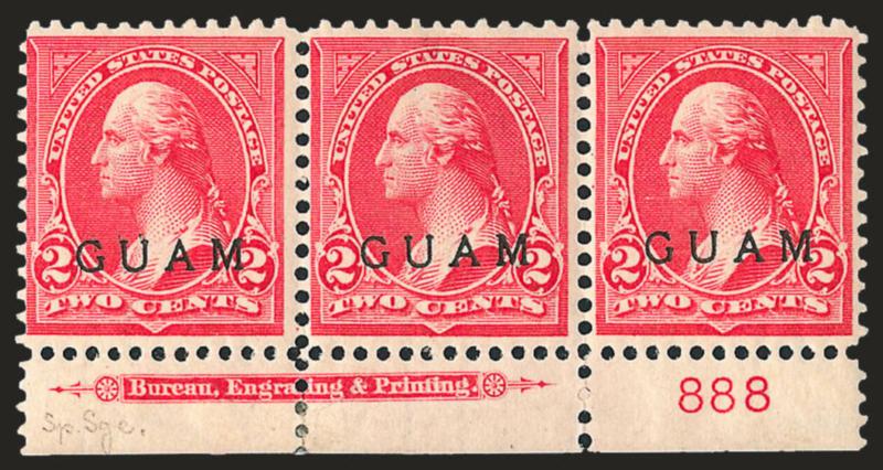 1900, 2c Light Red, Ty. IV, Special Printing (2SP).> Bottom imprint and plate no. 888 strip of three, original gum, center stamp faintly hinged, end stamps Mint N.H., red Special Surcharge backstamps, brilliant
color<><>^FINE. A RARE IMPRINT AND