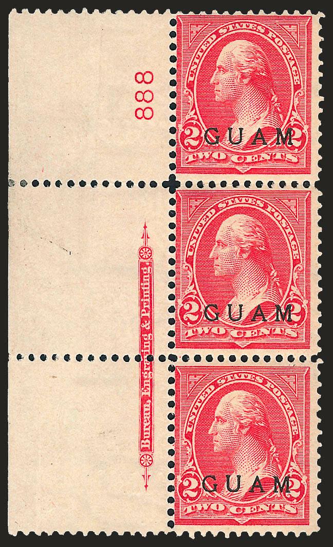 1900, 2c Light Red, Ty. IV, Special Printing (2SP).> Left imprint and plate no. 888 strip of three, original gum, top stamp lightly hinged, bottom pair Mint N.H., red Special Surcharge backstamps, brilliant
color<><>^FINE. A RARE IMPRINT AND PLAT