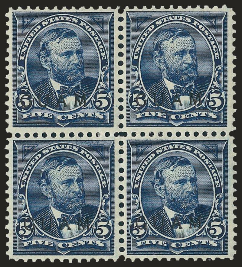 1900, 5c Blue, Special Printing (5SP).> Block of four, original gum, h.r., rich color on bright paper, each stamp with pencil Special print and bottom right stamp signed by Tows<><>^VERY FINE. A RARE BLOCK OF
FOUR OF THE GUAM 5-CENT 1900 SPECIAL