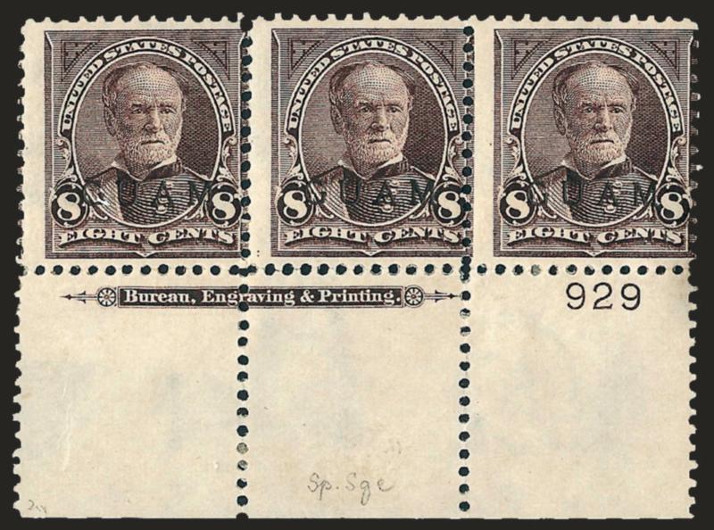1900, 8c Violet Brown, Special Printing (7SP).> Bottom imprint and plate no. 929 strip of three, original gum, hinged reinforced separations, fresh color, perfs in at right, each stamp with red Special
Surcharge backstamp and neatly signed in selva