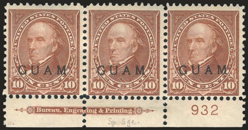 1900, 10c Brown, Ty. I, Special Printing (8SP).> Bottom imprint and plate no. 932 strip of three, h.r. in selvage, stamps lightly hinged, red Special Surcharge backstamps, bright color<><>^FINE. THE UNIQUE
IMPRINT AND PLATE NUMBER STRIP OF THREE