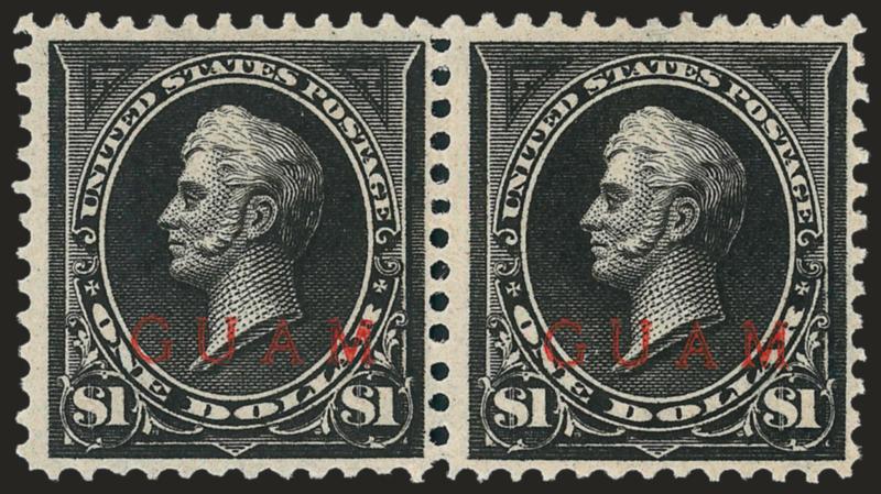 1900, $1.00 Black, Ty. II (13).> Horizontal pair, unused (no gum), intense shade and impression<><>^FINE. THIS IS THE SECOND-LARGEST RECORDED MULTIPLE OF THE GUAM $1.00 TYPE II ISSUE. A GREAT RARITY OF THE
ISSUE.^<><>The largest recorded multiple
