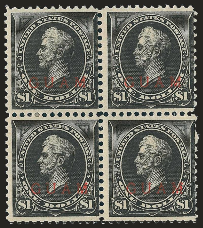 1900, $1.00 Black, Ty. II (13).> Block of four, small h.r. at sides, each with pencil Spec. Printing at bottom and each with Tows backstamp, intense shade and impression, top right stamp tiny tear and crease at
top right<><>^FINE APPEARANCE. TH