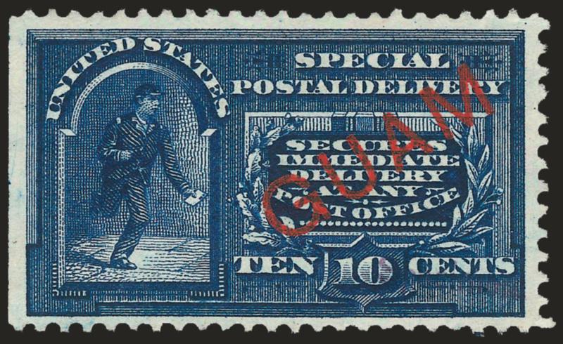 1899, 10c Blue, Special Delivery, Normal and Five Dots in Curved Frame Above Messengers Head, Specimen Ovpts. (E1S, E1aS).> Former original gum, barely hinged, latter no gum, natural s.e. at left (the ovpt. on
this one is hidden in the numeral 10