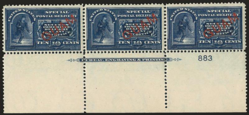 1899, 10c Blue, Special Delivery (E1).> Huge bottom imprint and plate no. 883 strip of three, original gum, faintly hinged, wonderful intense color, Fine-Very Fine, with 1984 A.P.S. certificate