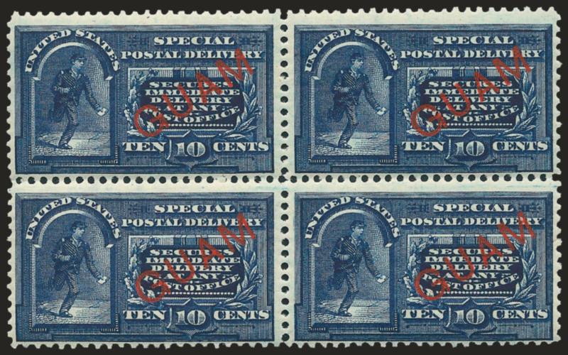 1899, 10c Blue, Special Delivery, Normal and Five Dots in Curved Frame Above Messengers Head (E1, E1a).> Blocks of four, all E1 and bottom pair E1a Mint N.H. but very slight tropical original gum, mixed
centering, about Fine lot, Scott Retail as hin