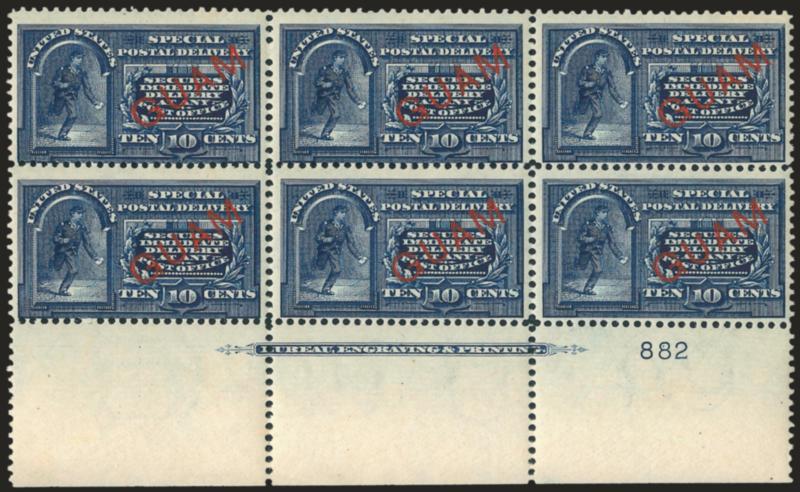 1899, 10c Blue, Special Delivery, Five Dots in Curved Frame Above Messengers Head (E1a).> Wide bottom imprint and plate no. 882 block of six, slight tropical original gum<><>^FINE. AN EXTREMELY RARE IMPRINT AND
PLATE NUMBER BLOCK OF THE 10-CENT SP