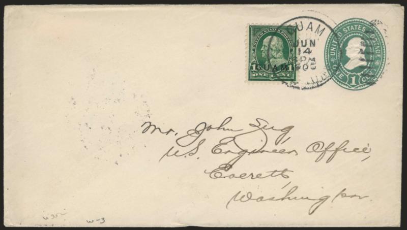 1899, 1c Deep Green (1).> Two Zug correspondence covers, single stamps used on different United States entires (Nos. U352, U355) and tied by Guam Isl. Guam 1903 and 1905 circular datestamps, Manila P.I. and
Everett Wash. backstamps, Fine